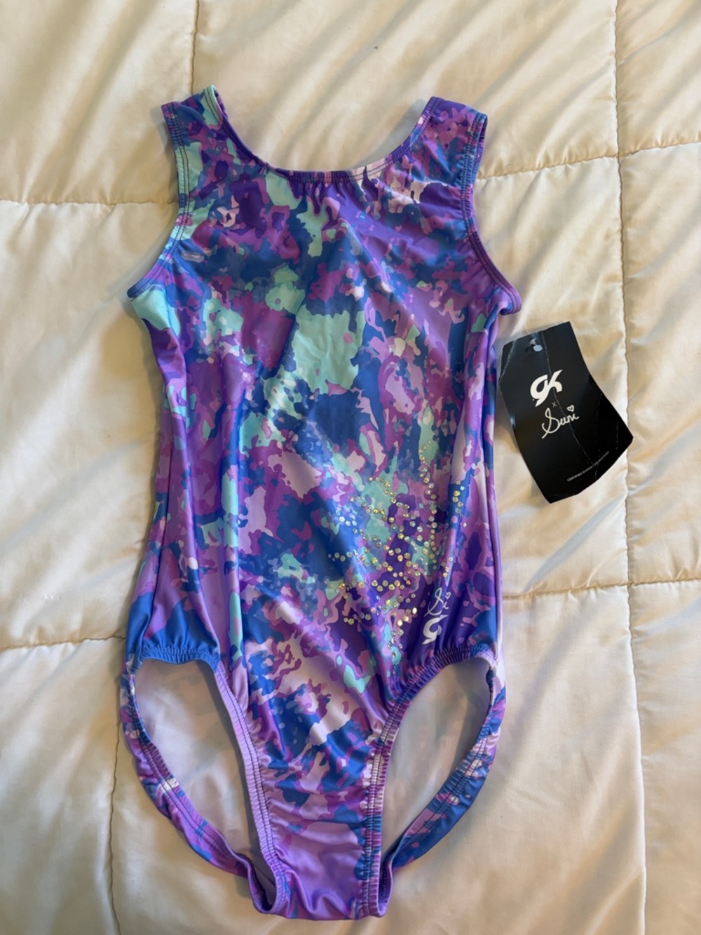 GK adult small Purple and Teal Abstract Print gymnastics Leotard